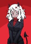  1girl :&gt; absurdres black_jacket black_skirt bright_pupils closed_mouth cowboy_shot demon_girl demon_horns demon_tail heart heart-shaped_pupils helltaker highres horns itou_yuuji jacket long_sleeves looking_at_viewer modeus_(helltaker) parody red_background red_eyes red_sweater ribbed_sweater skirt smile solo style_parody sweater symbol-shaped_pupils tail tail_wagging v_arms vanripper_(style) white_hair white_pupils 