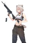  1girl ahoge animal_ears assault_rifle belt breasts cargo_pants choker commentary_request crop_top earrings grey_eyes grey_hair gun h&amp;k_hk416 highleg highleg_panties highres hololive jewelry kitanxjk lion_ears lion_tail lowleg lowleg_pants magazine_(weapon) medium_breasts midriff navel panties pants rifle serious shishiro_botan short_hair_with_long_locks sidelocks solo tail tank_top trigger_discipline underwear virtual_youtuber weapon white_tank_top 