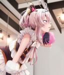  1girl absurdres ahoge black_gloves blurry blurry_background blush commentary_request dance_studio depth_of_field dripping_sweat eyepatch from_side glint gloves heart heart_ahoge highres maria_marionette nijisanji nijisanji_en nijisanji_idol_uniform parted_lips pink_hair practicing side_ponytail solo sweat tiara very_sweaty virtual_youtuber wiping_sweat yanikura 