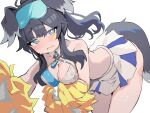  1girl animal_ears black_hair blue_archive blue_eyes blush breasts cheerleader cleavage commentary_request dog_ears dog_girl dog_tail goggles goggles_on_head halo hibiki_(blue_archive) hibiki_(cheer_squad)_(blue_archive) highres holding holding_pom_poms long_hair looking_at_viewer millennium_cheerleader_outfit_(blue_archive) official_alternate_costume open_mouth pom_pom_(cheerleading) simple_background skirt solo star_(symbol) star_sticker sticker sticker_on_face tail user_dkay7375 white_background yellow_halo 