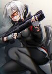  1girl :o ashtray black_jacket black_legwear breasts eyebrows_visible_through_hair fingerless_gloves girls&#039;_frontline glasses gloves grey_background grey_eyes gun highres holding holding_weapon hood hooded_jacket jacket kel-tec kel-tec_ksg ksg_(girls&#039;_frontline) lodbyy looking_at_viewer navel pantyhose short_hair shotgun silver_hair sitting solo weapon white_gloves 