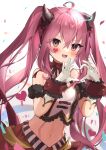  1girl ahoge armband bangs bustier commentary confetti cowboy_shot crop_top fake_horns fang frills gloves goma_(u_p) grace_(sound_voltex) hair_between_eyes halo hand_up heart heart_hands heart_tattoo horns long_hair looking_at_viewer midriff navel open_mouth pink_eyes pink_hair red_skirt skirt solo sound_voltex striped symbol-only_commentary tail tattoo vertical_stripes very_long_hair white_gloves wrist_cuffs 