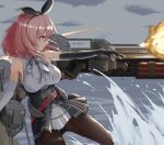  1girl a_(yyyaa) armpit_crease armpits azur_lane black_gloves black_legwear black_prince_(azur_lane) black_ribbon breasts cannon center_frills commentary corset elbow_gloves firing frills from_side gloves glowing glowing_eyes hairband highres medium_breasts medium_hair neck_ribbon ocean pantyhose pink_hair pleated_skirt red_eyes ribbon rigging skirt sleeveless solo spray thigh_strap walking walking_on_liquid water white_gloves 