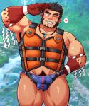  1boy arm_hair armpit_hair armpits bara blue_male_swimwear blush bulge chest_hair colored_skin erection erection_under_clothes facial_hair feet_out_of_frame hachimaki headband heart highres large_pectorals leg_hair long_sideburns magatama magatama_necklace male_focus male_pubic_hair male_swimwear mature_male midriff_peek muscular muscular_male navel navel_hair nejiri_hachimaki nipples official_alternate_costume one_eye_closed pectoral_cleavage pectorals pubic_hair pubic_hair_peek red_skin salute short_hair sideburns sidepec solo spoken_heart swim_briefs tajikarao_(housamo) thick_eyebrows thick_thighs thighs tokyo_afterschool_summoners vert_cypres wet 