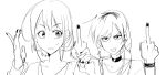  2girls chinese_commentary choker classroom collarbone commentary_request double_middle_finger girls_band_cry greyscale haidao_mao highres iseri_nina kawaragi_momoka looking_at_viewer middle_finger monochrome multicolored_hair multiple_girls open_mouth roots_(hair) short_hair simple_background sketch tongue tongue_out upper_body white_background 