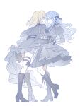  2girls absurdres ascot bang_dream! bang_dream!_it's_mygo!!!!! black_ascot black_boots black_dress black_gloves blonde_hair blue_hair boots closed_eyes closed_mouth commentary_request doloris_(bang_dream!) dress epaulettes from_side full_body gloves grey_jacket high_heel_boots high_heels highres holding_hands interlocked_fingers jacket juliet_sleeves long_hair long_sleeves looking_at_another misumi_uika multiple_girls oblivionis_(bang_dream!) official_alternate_costume puffy_sleeves simple_background smile standing tian_cheng_hua togawa_sakiko white_background 