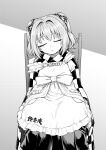  1girl apron bell blush closed_eyes facing_viewer greyscale hair_bell hair_ornament head_tilt highres itou_yuuji japanese_clothes jingle_bell kimono monochrome motoori_kosuzu on_chair parted_lips sitting sleeping solo touhou two_side_up 