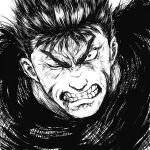  1boy angry berserk clenched_teeth commentary greyscale guts_(berserk) looking_at_viewer male_focus monochrome one_eye_closed portrait scar scar_on_face scar_on_nose short_hair shu-mai simple_background solo teeth upper_body white_background wide-eyed 