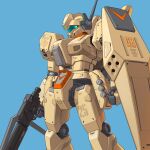  assault_visor beam_rifle blue_background bmwsb0 commentary earth_federation_space_forces energy_gun feet_out_of_frame finger_on_trigger green_visor gun gundam gundam_unicorn highres holding holding_gun holding_weapon jegan jegan_a2_type mecha mecha_focus mobile_suit no_humans radio_antenna robot science_fiction shield simple_background standing weapon 