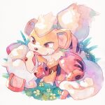  brown_eyes claws commentary_request fangs flower grass growlithe highres hisuian_growlithe no_humans oharu-chan open_mouth pokemon pokemon_(creature) toes tongue 