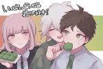  1girl 2boys :d ahoge bad_id bad_pixiv_id bangs black_jacket brown_hair closed_eyes collared_shirt commentary danganronpa_(series) danganronpa_2:_goodbye_despair feeding flipped_hair food green_background green_neckwear grey_hair grey_shirt highres hinata_hajime holding holding_food hood hood_down jacket komaeda_nagito light_brown_hair medium_hair multiple_boys nanami_chiaki neck_ribbon necktie open_clothes open_jacket open_mouth pink_ribbon ribbon shirt short_hair smile sweatdrop translation_request uyu_(uyuchaxx) white_background 