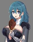  1girl blue_eyes blue_hair breasts byleth_(fire_emblem) byleth_(fire_emblem)_(female) closed_mouth desspie eating eyebrows_visible_through_hair fire_emblem fire_emblem:_three_houses food highres holding holding_food large_breasts long_hair looking_at_viewer meat smile solo turkey_(food) 