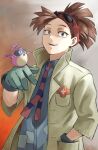  1boy absurdres bad_id bad_pixiv_id bangs bird bird_on_hand blue_neckwear blue_shirt boku_no_hero_academia breast_pocket coat eyewear_on_head fengling_(furin-jp) gloves green_gloves grey_background hand_in_pocket hand_up highres long_sleeves looking_at_viewer male_focus multicolored_background open_clothes open_coat open_mouth pino_(boku_no_hero_academia) pocket red_background red_eyes red_hair red_neckwear rody_soul shirt short_hair short_ponytail sleeves_past_elbows smile sunglasses teeth two-tone_neckwear upper_teeth 