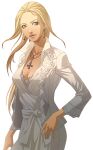  1girl blonde_hair breasts caduceus_new_blood chou_shittou_caduceus cleavage cynthia_kazakov doi_masayuki dress earrings grey_eyes hand_on_own_hip highres jewelry long_hair medium_breasts necklace official_art photoshop_(medium) simple_background solo standing third-party_source transparent_background white_dress 