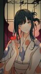  anime_coloring black_hair blue_eyes concept_art door fantasy heart highres japanese_clothes kimono long_hair original 