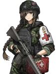  armband assault_rifle blunt_bangs body_armor brown_eyes brown_hair camouflage camouflage_helmet camouflage_shirt combat_helmet commentary cross english_commentary eyepatch fingerless_gloves first_aid_kit girls'_frontline gloves green_gloves green_helmet green_shirt gun helmet highres holding holding_weapon light_smile long_hair looking_at_viewer m16 m16a1 m16a1_(girls'_frontline) magazine_(weapon) military_medic mole mole_under_eye multicolored_hair red_cross rifle scar scar_across_eye scar_on_face shirt slavsegger solo tactical_clothes tactical_gloves thailand weapon white_armband 
