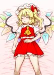  1girl absurdres blonde_hair bow closed_eyes feet_out_of_frame flandre_scarlet hair_bow hat highres itou_yuuji lying medium_hair miniskirt on_back on_bed one_side_up parted_lips pillow_hat puffy_short_sleeves puffy_sleeves red_bow red_skirt red_vest shirt short_sleeves skirt sleeping socks solo touhou vest white_headwear white_shirt wings 