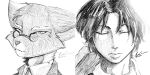 absurd_res anthro black_and_white clip_studio_paint_(artwork) clothing digital_drawing_(artwork) digital_media_(artwork) duo enoxarts eyewear felid feline formal_wear front_view glasses hair hi_res human lackadaisy male mammal monochrome mordecai_heller sketch suit three-quarter_view