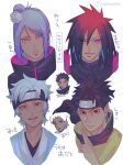  1girl 4boys bird black_hair boruto:_naruto_next_generations closed_mouth collarbone cropped_shoulders crow edo_tensei flower forehead_protector gradient_eyes gradient_hair hair_bun hair_flower hair_ornament high_collar highres hiraruka06 konan_(naruto) konohagakure_symbol labret_piercing long_hair looking_at_viewer mitsuki_(naruto) multicolored_eyes multicolored_hair multiple_boys naruto_(series) naruto_shippuuden ninja open_mouth portrait red_eyes rinnegan scar scar_on_face sharingan short_hair smile spiked_hair uchiha_madara uchiha_obito uchiha_shisui 