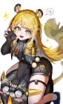  +_+ 1girl absurdres animal_ear_fluff animal_ears black_gloves black_shirt black_shorts blonde_hair colored_inner_hair commentary_request elbow_gloves fingerless_gloves gloves green_eyes hand_up highres hu_wei_(zenless_zone_zero) jacket ju_fufu long_hair looking_at_viewer multicolored_hair open_mouth parted_bangs riding shirt short_sleeves shorts simple_background smile solo_focus sparkle speech_bubble spoken_sparkle tail thigh_strap tiger_ears tiger_girl tiger_tail v-shaped_eyebrows white_background xue_lian_wa_noel yellow_jacket zenless_zone_zero 