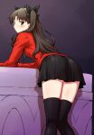  1girl ass black_bow black_legwear black_skirt bow brown_hair closed_mouth fate/stay_night fate_(series) from_behind grey_eyes hair_bow highres itou_yuuji leaning_forward legs_together long_hair long_sleeves looking_at_viewer looking_back miniskirt pleated_skirt red_shirt shirt skirt solo thighhighs tohsaka_rin two_side_up 