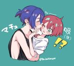  !? 1boy 1girl amate_yuzuriha aqua_eyes blue_hair blush closed_eyes colored_inner_hair commentary_request couple gundam gundam_gquuuuuux hand_on_another's_face hetero highres holding hug kiss kissing_cheek multicolored_hair one_eye_closed open_mouth purple_hair red_hair shirt short_hair shuji_ito simple_background sweater tank_top tsu_bakimrro two-tone_hair upper_body 