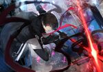  1boy black_footwear black_gloves black_hair bracelet building counter_side gloves holding holding_sword holding_weapon jewelry joo_shiyoon long_sleeves monster nishiide_kengorou red_eyes road shoes sword weapon 