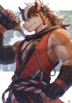  1boy animal_ears bara black_gloves black_nails brown_eyes brown_hair commentary_request fingerless_gloves furry furry_male gloves headband highres holding holding_sword holding_weapon horse_boy horse_ears japanese_clothes katana long_hair looking_at_viewer male_focus multicolored_hair muscular muscular_male original over_shoulder pectoral_cleavage pectorals ponzu_tas rope shimenawa signature sleeveless smile solo sword sword_over_shoulder weapon weapon_over_shoulder white_hair 