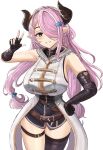  1girl arm_up belt black_gloves black_legwear blue_eyes blush breasts desspie draph elbow_gloves fingerless_gloves gloves granblue_fantasy grin hair_over_one_eye highres horns large_breasts looking_at_viewer narmaya_(granblue_fantasy) parted_lips pink_hair pointy_ears single_thighhigh smile solo thighhighs v 
