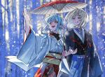  2girls asa_no_ha_(pattern) bang_dream! bang_dream!_it's_mygo!!!!! black_kimono blonde_hair blue_hair blush cup earrings hero45439083942 highres holding holding_cup holding_umbrella japanese_clothes jewelry kimono medium_hair misumi_uika multiple_girls oil-paper_umbrella open_mouth short_hair_with_long_locks sidelocks snow teeth togawa_sakiko umbrella upper_teeth_only white_kimono 