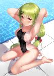  1girl armpits arms_up ass bangs bare_arms bare_legs bare_shoulders black_swimsuit blush breasts cleavage competition_swimsuit eyebrows_visible_through_hair from_above girls&#039;_frontline green_eyes hair_ornament highres kneeling large_breasts long_hair looking_at_viewer mk48_(girls&#039;_frontline) one-piece_swimsuit parted_lips pool red_eyes shirosaba sideboob smile solo swimsuit thighs water 