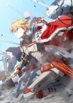  2boys absurdres armor barding blonde_hair blue_sky blurry braid braided_ponytail breastplate cape commentary_request cuirass depth_of_field excalibur_(fate/strange_fake) fate/strange_fake fate_(series) faulds full_armor fur-trimmed_cape fur_trim gauntlets greaves helm helmet highres horse knight male_focus motion_blur multicolored_hair multiple_boys pauldrons plate_armor polearm red_cape red_eyes red_hair richard_i_(fate) satsuki_(satsuki_art) shoulder_armor side_cape sky solo_focus spear streaked_hair sword weapon 