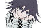  1boy :o bangs checkered checkered_neckwear checkered_scarf danganronpa_(series) danganronpa_v3:_killing_harmony eyebrows_visible_through_hair grey_background grey_jacket hair_between_eyes hands_on_own_cheeks hands_on_own_face hands_up highres jacket long_sleeves looking_at_viewer male_focus medium_hair open_mouth ouma_kokichi scarf simple_background solo teeth upper_body upper_teeth vo1ez white_background 