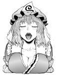  1girl blush breasts cleavage closed_eyes commentary_request facing_viewer greyscale hat itou_yuuji large_breasts monochrome open_mouth oral_invitation saigyouji_yuyuko sexually_suggestive short_hair simple_background solo touhou triangular_headpiece upper_body uvula white_background 