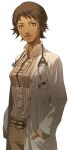  1girl absurdres belt brown_eyes brown_hair caduceus_new_blood chou_shittou_caduceus dark-skinned_female dark_skin doctor doi_masayuki hands_in_pockets highres lab_coat official_art short_hair simple_background smile solo standing stethoscope third-party_source transparent_background valerie_blaylock 