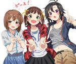  3girls :d :o amami_haruka antenna_hair black_hair blush brown_hair collarbone cowboy_shot double_v hagiwara_yukiho hair_ribbon haruki_(haruki678) highres idolmaster idolmaster_(classic) idolmaster_million_live! kikuchi_makoto looking_at_viewer midriff midriff_peek multiple_girls navel open_mouth ribbon short_hair simple_background smile tomboy v 