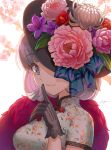  1girl black_gloves blue_eyes breasts bright_pupils cherry_blossoms china china_dress chinese_clothes closed_mouth dress eyebrows_visible_through_hair finger_to_mouth floral_print flower gloves grey_hair hat hat_flower highres kws love_live! love_live!_superstar!! medium_breasts medium_hair peony_(flower) shanghai short_sleeves shushing sideways_glance signature smile solo tang_keke upper_body 
