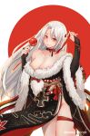 1girl absurdres azur_lane black_choker black_gloves black_kimono breasts bridal_gauntlets candy_apple choker cleavage dated elbow_gloves food fur-trimmed_kimono fur-trimmed_sleeves fur_trim gloves happy_new_year highres holding holding_food japanese_clothes kimono long_hair looking_at_viewer molamola_fan multicolored_clothes multicolored_kimono new_year off-shoulder_kimono official_alternate_costume prinz_heinrich_(azur_lane) prinz_heinrich_(fireworks_and_tapestries)_(azur_lane) red_eyes side_slit simple_background solo thigh_strap very_long_hair white_hair wide_sleeves 
