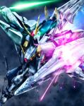  beam_saber blocking commentary energy_sword flying glowing glowing_eyes green_eyes gundam gundam_hathaway&#039;s_flash highres looking_at_viewer mecha mobile_suit no_humans science_fiction shield solo sword v-fin weapon xi_gundam youiki 