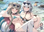  2girls :o arm_up armpits ass azur_lane bare_arms bare_shoulders beach bikini black_bikini blue_bikini braid braided_bun breasts choker cleavage collarbone double_bun eyewear_on_head formidable_(azur_lane) formidable_(the_lady_of_the_beach)_(azur_lane) grey_hair halter_top halterneck heart heart-shaped_eyewear innertube large_breasts long_hair looking_at_viewer manjuu_(azur_lane) multi-strapped_bikini multiple_girls navel o-ring o-ring_bikini off_shoulder official_alternate_costume official_art parted_lips red_choker red_eyes sandals side-tie_bikini sirius_(azur_lane) sirius_(scorching-hot_seirios)_(azur_lane) stomach strap_pull string_bikini sunglasses swimsuit thighhighs thighs tomoo_(tomo) twin_braids very_long_hair watermark wet white_hair white_legwear 