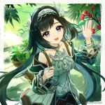  1girl :d absurdres bare_shoulders berry black_hair bracelet breasts china_dress chinese_clothes commentary copyright_name dress earrings english_commentary floating_hair genshin_impact green_dress hairband halter_dress halterneck hand_up highres jewelry lan_yan_(genshin_impact) long_hair long_sleeves looking_at_viewer off_shoulder official_art open_mouth outdoors purple_eyes ring small_breasts smile solo teeth upper_body upper_teeth_only very_long_hair 