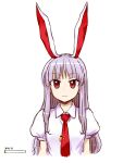  1girl :3 closed_mouth extra_ears eyebrows_visible_through_hair highres itou_yuuji long_hair looking_at_viewer necktie puffy_short_sleeves puffy_sleeves purple_hair red_eyes red_necktie reisen_udongein_inaba shirt short_sleeves simple_background solo touhou translation_request upper_body white_background white_shirt 