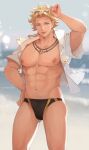  1boy abs bara beach blonde_hair blue_eyes day eyewear_on_head feet_out_of_frame granblue_fantasy highres jewelry ketanbakar large_pectorals male_focus male_swimwear muscular muscular_male navel necklace nipples open_clothes open_shirt outdoors pectorals seofon_(granblue_fantasy) shirt short_hair smile solo summer sunglasses swim_briefs thick_thighs thighs twitter_username white_shirt 