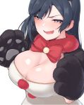  1girl :d animal_hands black_hair blush bow bowtie breasts cleavage exciting_animal_(love_live!) fang fur_collar gloves hairband highres large_breasts long_hair looking_at_viewer love_live! love_live!_nijigasaki_high_school_idol_club nasuno_(nasuno42) open_mouth paw_gloves purple_eyes red_bow red_bowtie simple_background smile solo white_background yuuki_setsuna_(love_live!) 
