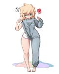  1girl ? asymmetrical_clothes barefoot blonde_hair blue_eyes brooklyn_sweater commentary el_quijote english_commentary grey_sweater hands_up highres original print_sweater shorts sideless_sweater single_bare_arm single_bare_leg single_pantsleg single_sleeve single_sleeve_past_fingers solo spoken_question_mark sweater white_background white_shorts 