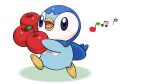 apple blue_eyes blush commentary_request creature food fruit holding holding_food holding_fruit leg_up musical_note no_humans official_art open_mouth piplup pokemon pokemon_(creature) project_pochama smile solo standing standing_on_one_leg toes tongue walking white_background 