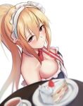  1girl bare_shoulders blonde_hair blush breasts cleavage closed_mouth eyebrows_visible_through_hair from_above girls&#039;_frontline highres holding holding_tray lodbyy long_hair looking_at_viewer maid maid_headdress medium_breasts ponytail red_eyes solo standing sv-98_(girls&#039;_frontline) tray white_background 