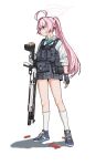  1girl ahoge ammunition ammunition_pouch beretta_1301 black_gloves black_skirt blue_archive blue_eyes blue_necktie blue_shoes bulletproof_vest collared_shirt commentary english_commentary fingerless_gloves full_body gloves gun gun_sling halo heterochromia highres hitomoji_momotarou hoshino_(armed)_(blue_archive) hoshino_(blue_archive) huge_ahoge kneehighs long_hair miniskirt necktie pink_hair pink_halo plaid_clothes plaid_skirt ponytail pouch school_uniform shirt shoes shotgun shotgun_shell simple_background skirt sleeves_rolled_up socks solo tactical_school_uniform weapon white_background white_shirt white_socks yellow_eyes 