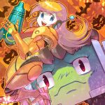  1boy 1girl android arm_cannon armor artist_request balrog_(cave_story) blonde_hair blue_eyes cave_story colored_skin commentary cosplay curly_brace dutch_angle english_commentary eyelashes full_armor halloween halloween_costume highres looking_at_another looking_at_viewer metroid metroid_(creature) metroid_(creature)_(cosplay) nintendo october official_art open_mouth orange_armor orange_background power_armor power_suit_(metroid) pumpkin_background red_eyes robot_boy robot_ears samus_aran samus_aran_(cosplay) second-party_source shoulder_pads teeth upper_teeth_only varia_suit warm_colored weapon white_skin 