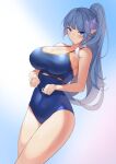  1girl absurdres bangs bare_shoulders blue_eyes blue_hair blue_swimsuit blunt_bangs blush breasts cleavage closed_mouth collarbone covered_navel cowboy_shot curvy dutch_angle eyebrows_visible_through_hair gradient gradient_background highres large_breasts light_frown long_hair looking_at_viewer manu_(pixiv41646715) one-piece_swimsuit original palms pointy_ears ponytail shiny shiny_clothes simple_background solo sweat swimsuit thighs tsurime very_long_hair 